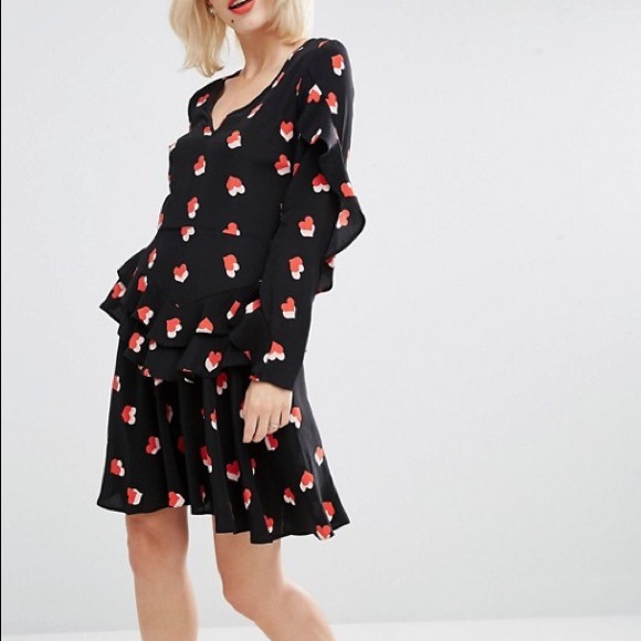 ♥️ ASOS ♥️ Black Bias Cut Hearts  Ruffles Flapper Dress Women 0 XS Valentine - Picture 1 of 3